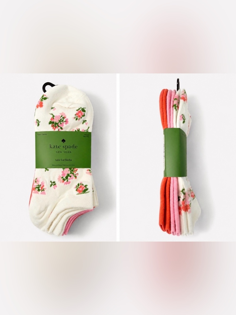 3 Pack Kate Spade Low Cut Socks White Floral + Pink + Orange NWT Sz 4-10